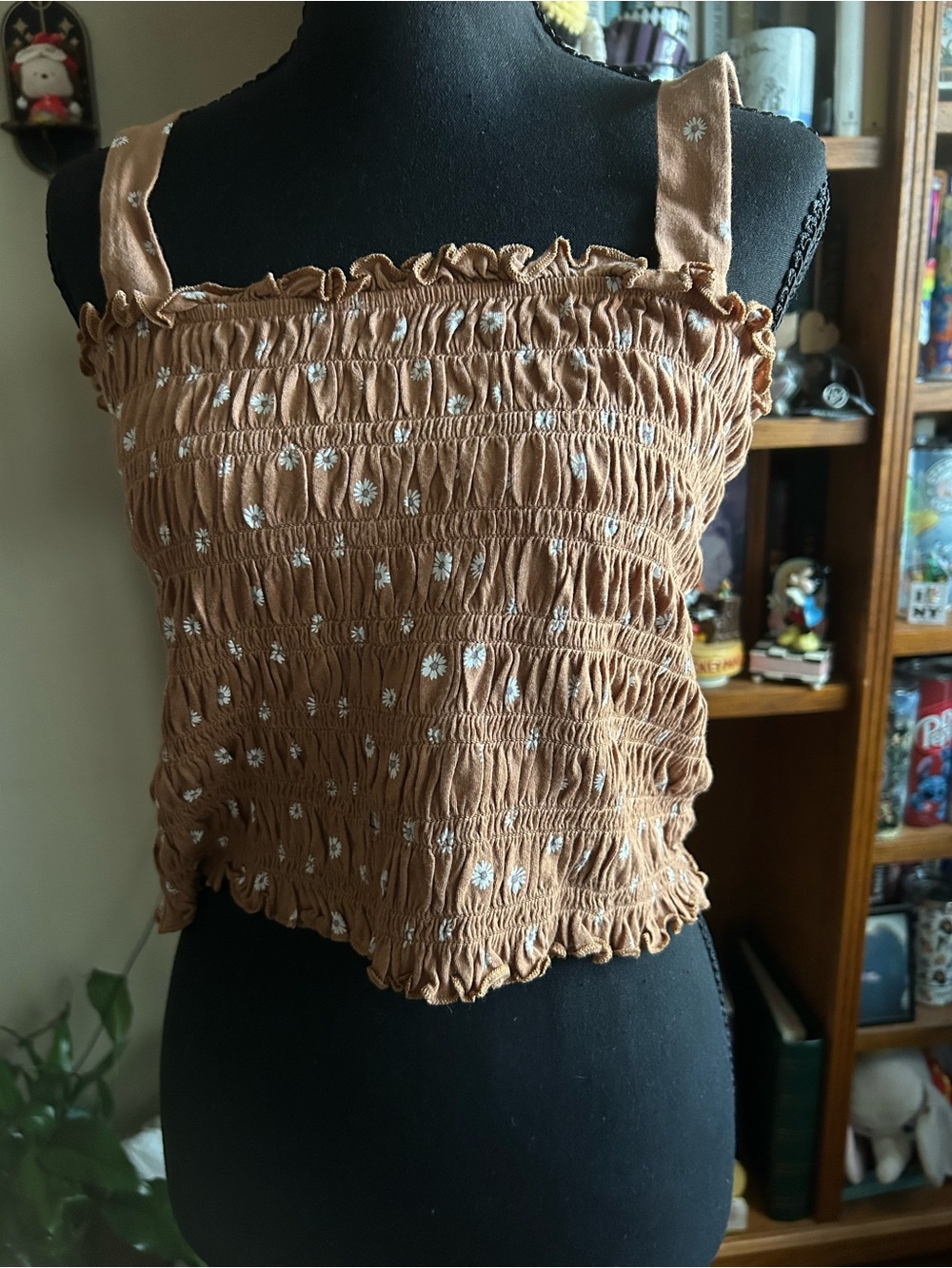 American Eagle Outfitters Tan Smocked Crop Top with White Floral Dots